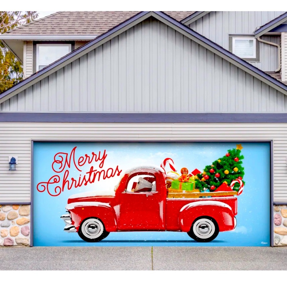 Red Christmas truck mural for garage door hung once but didn’t like